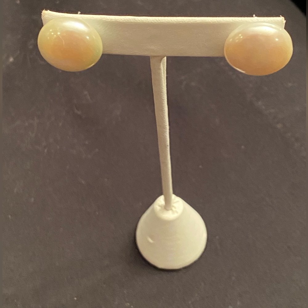 Large Coin Pearl Pierced Earrings - Color - Off-white, Sterling Post.